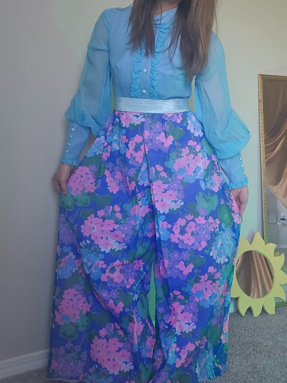 Vintage 1960's Baby Blue & Flower Power Jumpsuit Dress